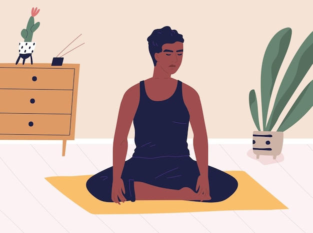 Vector african american cross-legged man meditating or yoga at home. peaceful relaxed guy practicing mindfulness meditation and breath control exercises in silence. colored flat vector illustration.