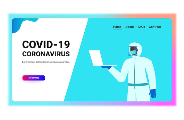 african american doctor or scientist in mask using laptop covid-19 coronavirus pandemic concept horizontal portrait copy space vector illustration