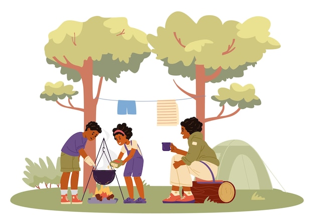 African American family camping flat vector illustration Children making dinner on campfire Summertime outdoors activities