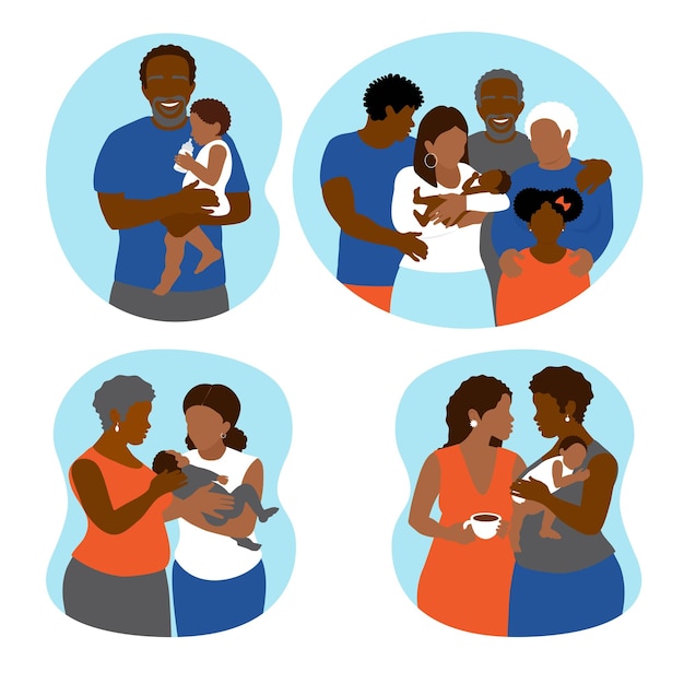 Vector african american family relationships children and grandparents set. grandson and granddaughter