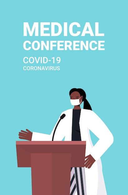 Medico femminile afroamericano che dà discorso alla tribuna con conferenza medica del microfono covid-19 pandemia medicina concetto sanitario ritratto illustrazione vettoriale verticale