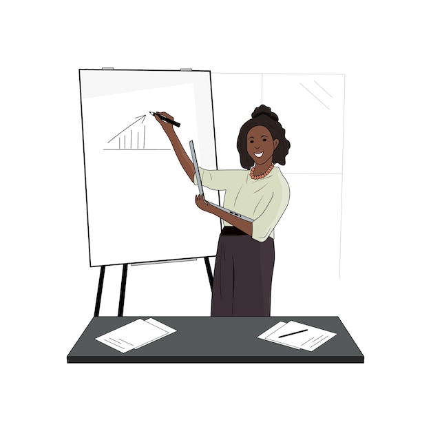 African American female speaker giving a presentation with a laptop in hand