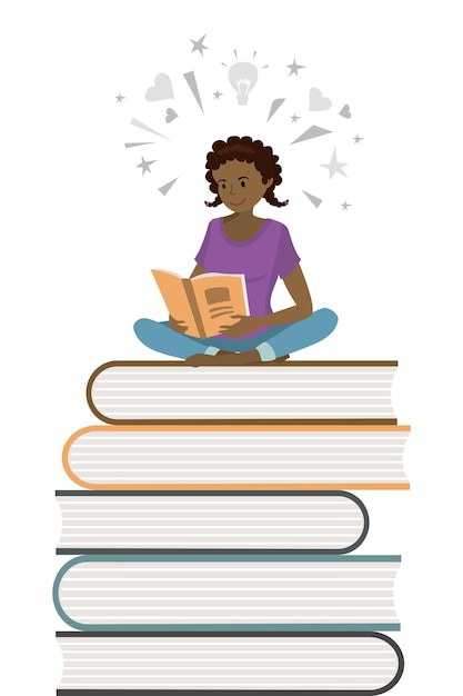 African american female teenager read books learning process con vector illustration