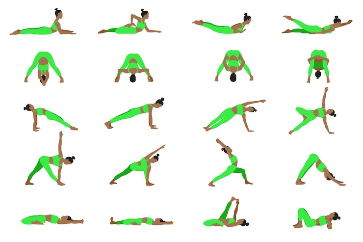 वेक्टर african american female yoga poses set in cartoon flat style