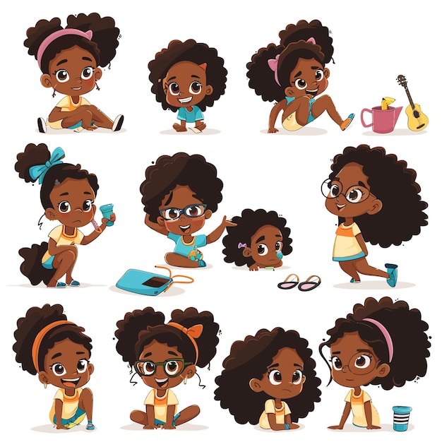 African_american_girl_doing_different_activities_vector