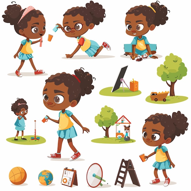 Vettore african_american_girl_doing_different_activities_vector