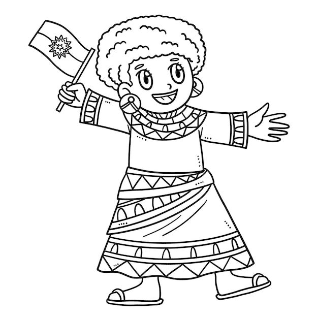 Vector african american girl and flag isolated coloring