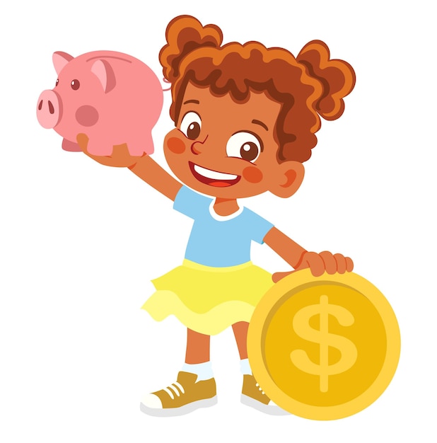 African American Girl holding piggy bank and money