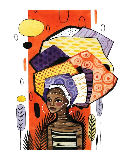 Vector african american girl op een achtergrond van oranje verticale streep
