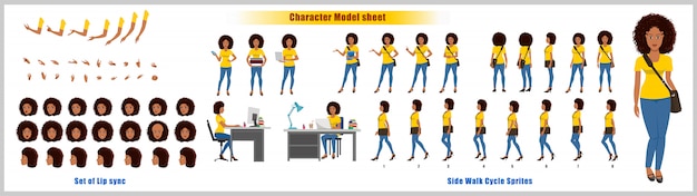 African american girl student character design model sheet met loopcyclus animatie. meisje characterdesign. voor-, zij-, achteraanzicht en uitleganimatie-poses. tekenset met lipsynchronisatie