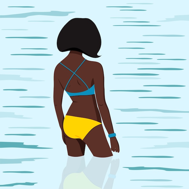 Vector african american girl in swimsuit goes swimming in sea illustration.