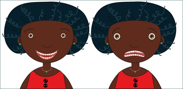 Vector african american girl with a broken tooth and caries on one side and happy on the other