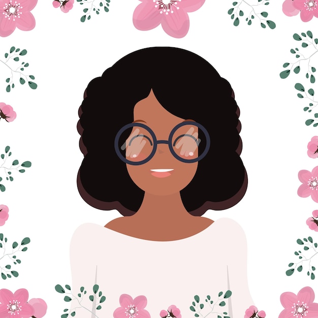 African american girl with glasses darkskinned cute girl with black curly hair floral frame square banner cartoon style vector illustration