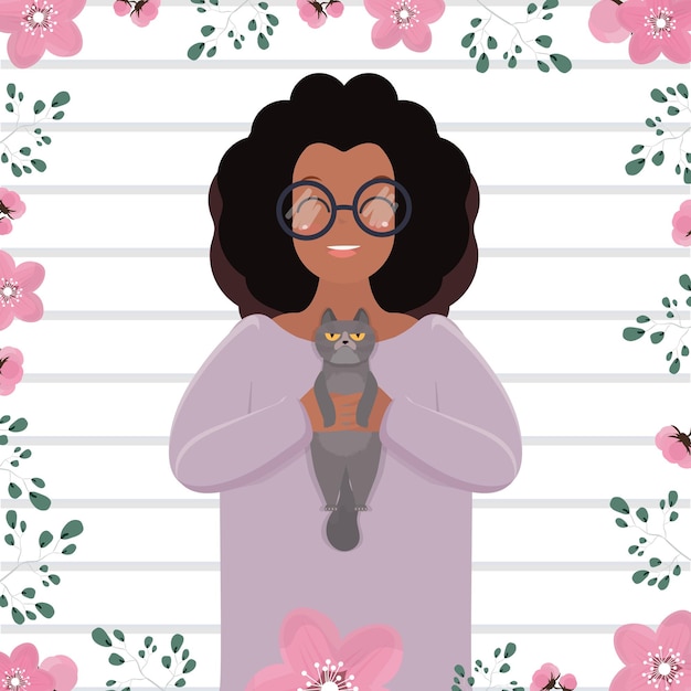 African American girl with glasses holds a gray cat in her hands Pretty darkskinned woman Funny cat Flat style Vector