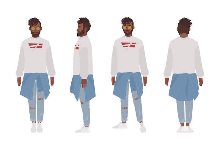 Vector african american guy dressed in casual clothes. stylish young man, street style look. male cartoon character isolated on white background. front, side and back views. flat vector illustration.