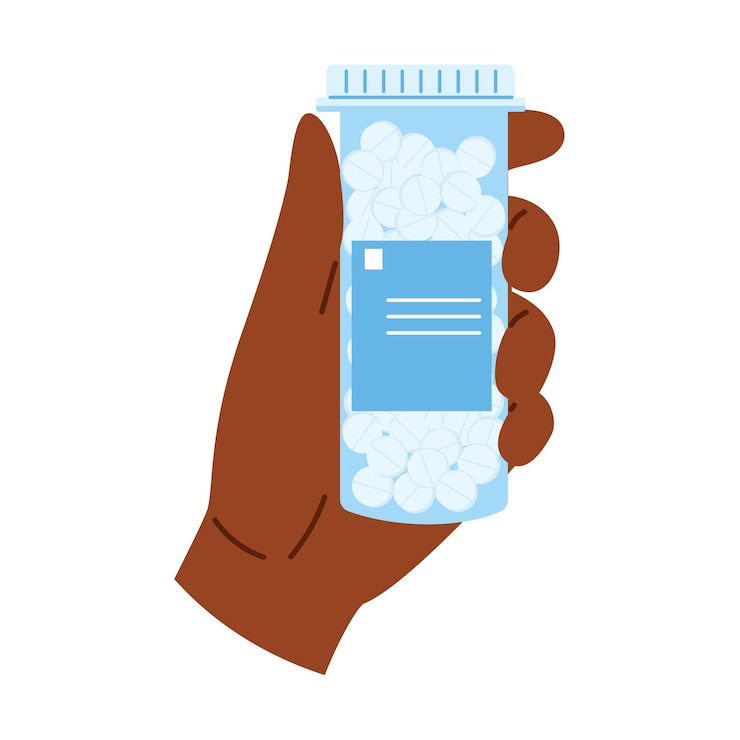 Vector african american hand holding bottle with medicine container with pills