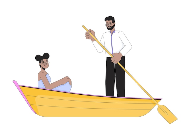 African american heterosexual couple on romantic boat ride 2d linear cartoon characters