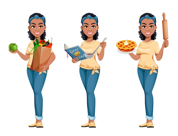 Set di tre pose casalinga afroamericana personaggio dei cartoni animati carino signora che fa il lavoro domestico