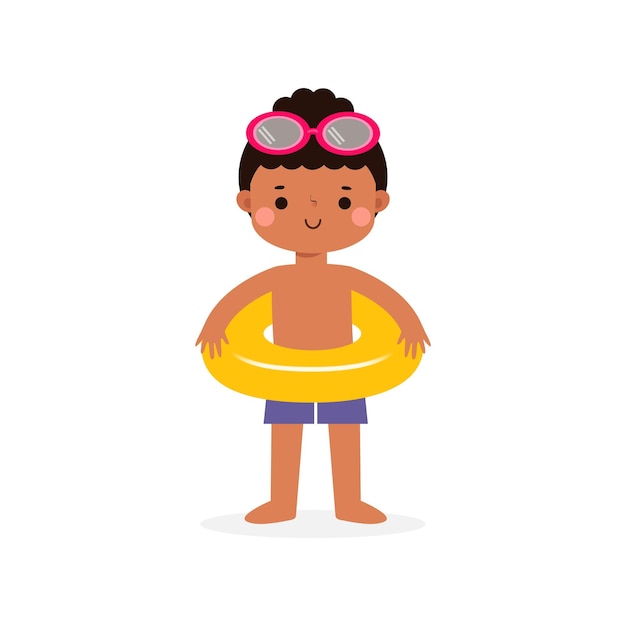 수영복과 반지를 끼고 있는 아프리카계 미국인 아이 귀여운 아이 만화 풀 파티 캐릭터