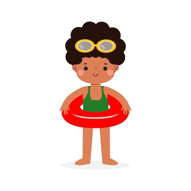 벡터 수영복과 반지를 끼고 있는 아프리카계 미국인 아이 귀여운 아이 만화 풀 파티 캐릭터