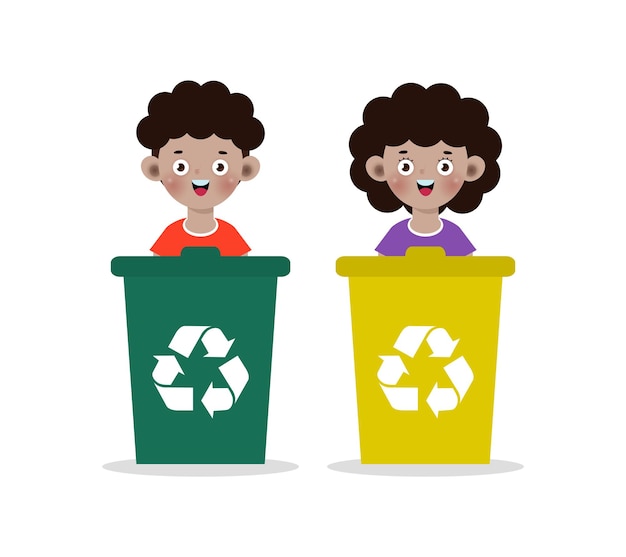 African american kids collect rubbish for recycling, child segregating trash, save the world vector