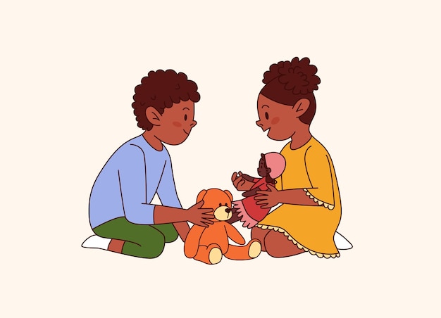 아프리카계 미국인 아이들이 테디 베어와 인형으로 바닥에서 놀고 있다.