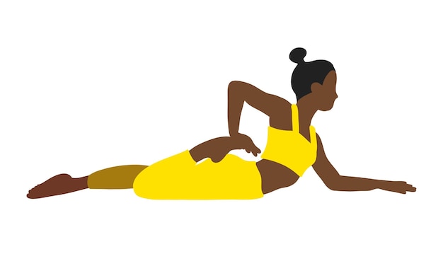 노란색 운동복을 입은 아프리카계 미국인 여성 요가 필라테스는 만화 스타일의 트레이닝 스포츠에서 포즈를 취합니다.