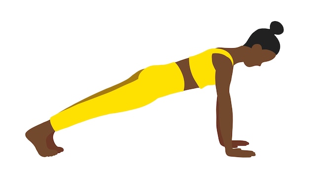 African American lady in yellow track suit Yoga pilates pose in cartoon flat style Training sport