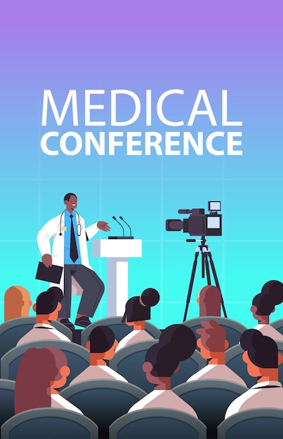 Vector african american male doctor giving speech at tribune with microphone medical conference medicine healthcare concept lecture hall interior vertical vector illustration