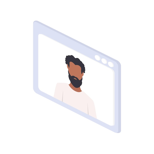 African american man in a chat window. the boy is conducting an online conference. isometric. vector.