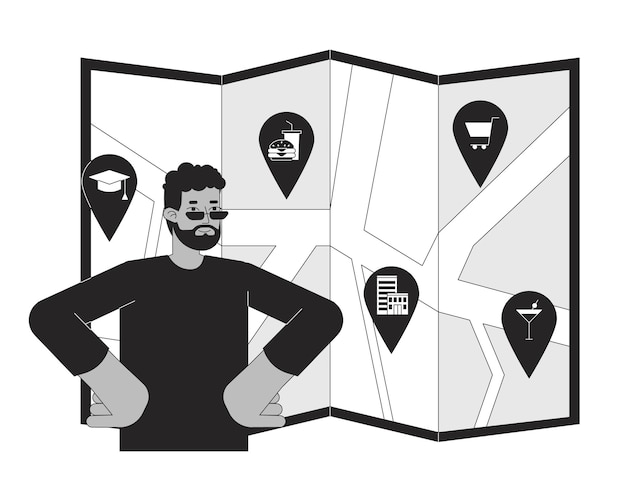 African american man choosing ideal neighborhood black and white 2d line cartoon character bearded guy looks for place to live isolated vector outline person monochromatic flat spot illustration