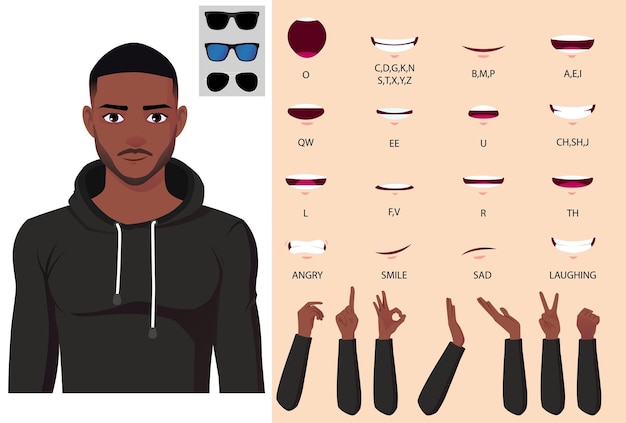 African American Man in Hoodie Character Face Animation, Lip-sync and Hand Gestures Pack Vector