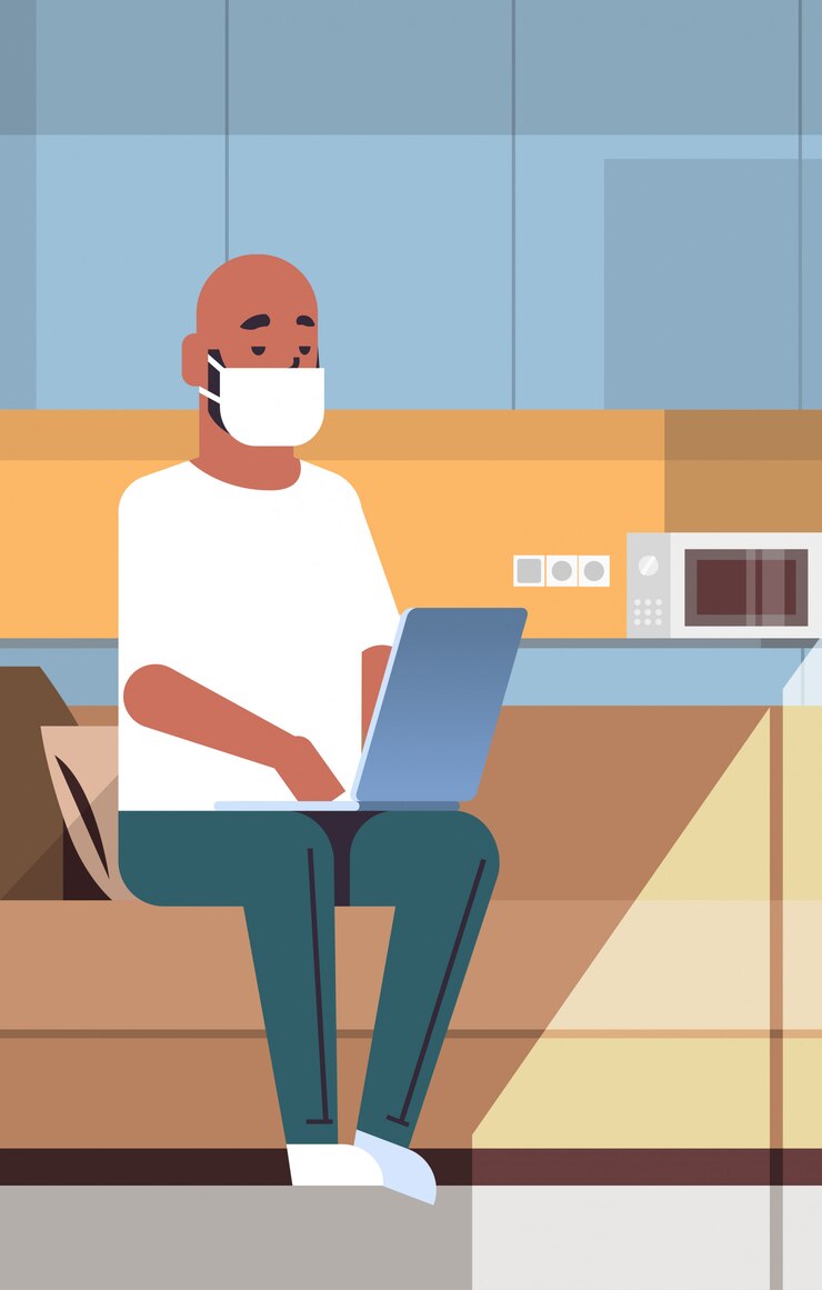 Vector african american man in protective mask using laptop coronavirus pandemic quarantine concept work from home online training education freelance modern living room interior full length vertical