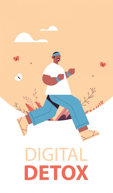 Vector african american man running guy spending time without gadgets digital detox healthy lifestyle concept abandoning internet and social networks full length vertical vector illustration