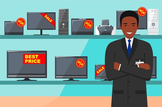 Афроамериканец-продавец в костюме на фоне полок с электронным оборудованием