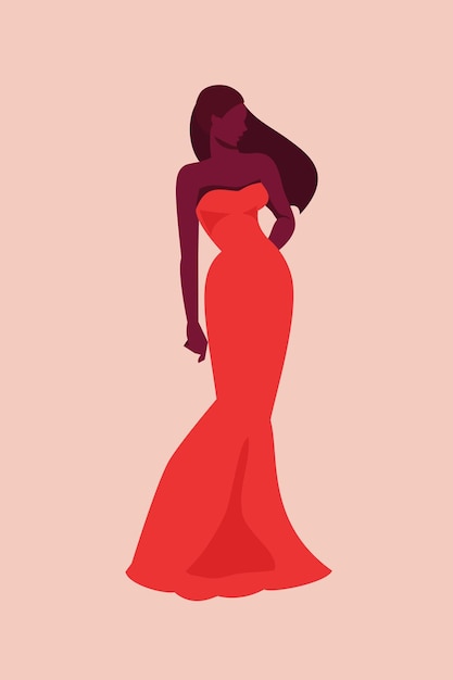 African American model woman in red dress. Vector illustration