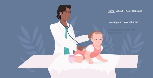 African american pediatrician doctor examines baby checking heart beat with stethoscope medical consultation medicine healthcare concept horizontal copy space