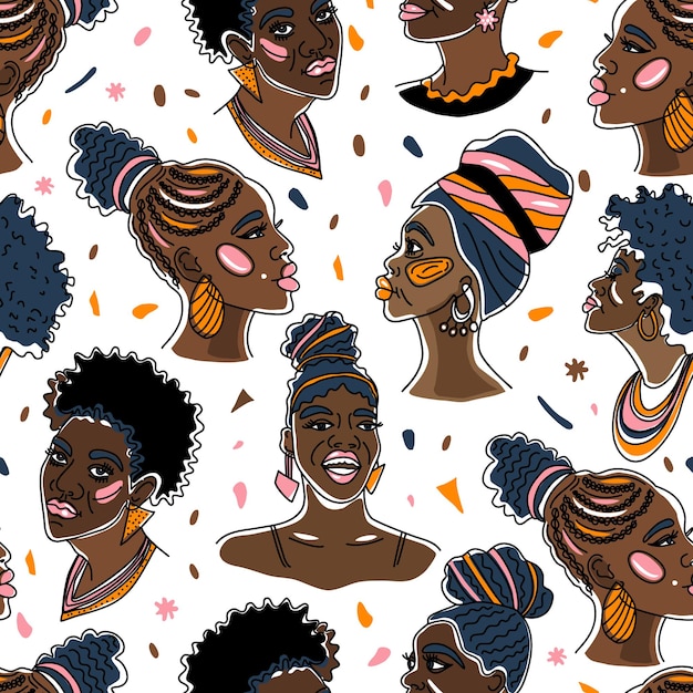 Belle ragazze afroamericane. illustrazione di donna nera con labbra lucide e turbante. seamless pattern di superficie isolato su bianco.