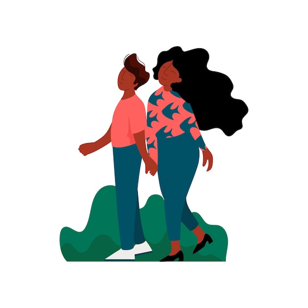 Vector african american romantic couple holding hands while walking happy lovers on date vector illustration on white background