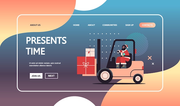 アフリカ系アメリカ人のサンタクロース運転フォークリフトトラックの読み込みカラフルなギフトメリークリスマスハッピーニューイヤーエクスプレス配信コンセプト水平コピースペースベクトルイラスト