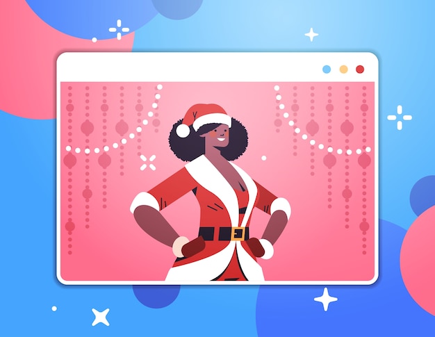 Donna afroamericana santa nella finestra del browser web felice anno nuovo buon natale vacanze celebrazione concetto di auto isolamento illustrazione vettoriale ritratto orizzontale