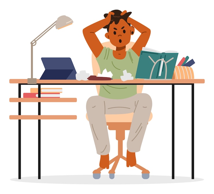 Vector african american school boy studying at home making homework sitting at desk