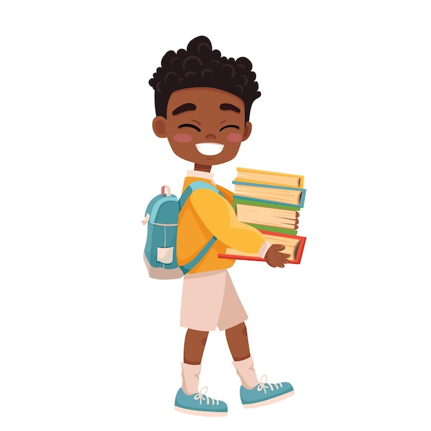 African American school boy with books going to school Cartoon vector illustration isolated on white background Back to school concept