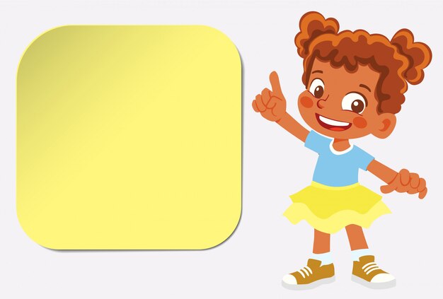 African american smiling girl points finger. children with sticker