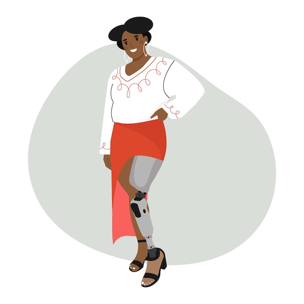 Vector african american special woman. people prosthesis, amputation, inclusion. vector illustration.