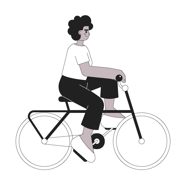 African american sport girl on bicycle monochromatic flat vector character Fast moving Editable thin line full body person on white Simple bw cartoon spot image for web graphic design