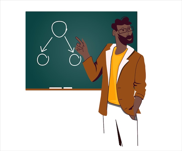 African american teacher stands with an example of data structure lesson at the university