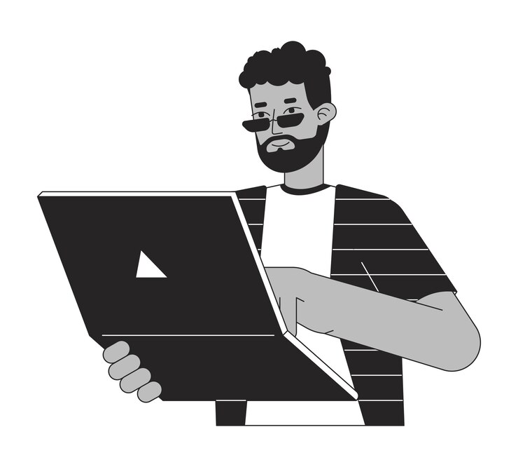 Vector african american web developer flat line black white vector character editable outline half body man working on laptop simple cartoon isolated spot illustration for web graphic design