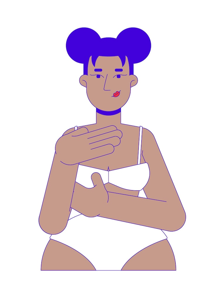 Vector african american woman in brassier examining breast 2d cartoon character