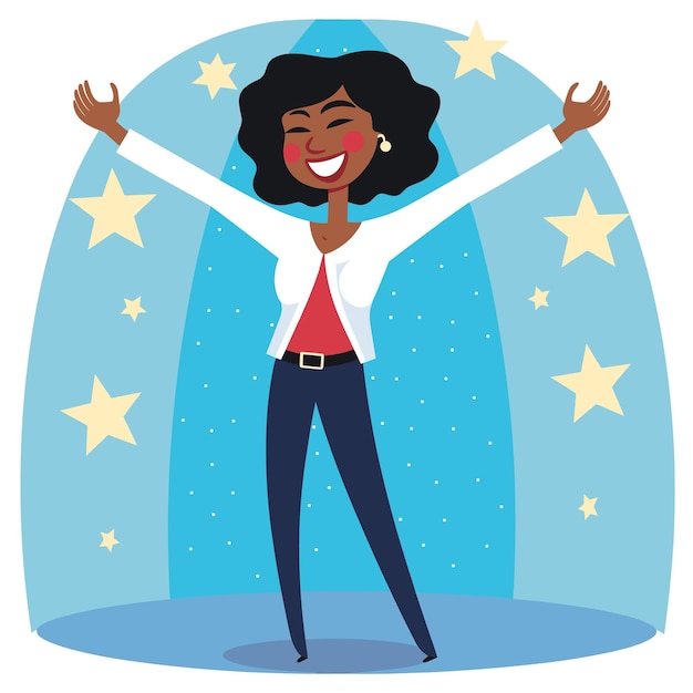 Vector african american woman celebrating success joyful confident stars sparkle around raises arms